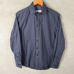 Pronto‎ Uomo Shirt Mens Medium Dress Gray Blue Striped Long Sleeve Cotton Blend
